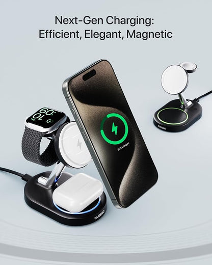 Fast Charging Station for Magsafe Apple Devices, Wireless Charger Station for MagSafe iPhones, 3 in 1 Magnetic Charger Stand for iPhone 17/16/15/14/13/12, Apple Watch & AirPods(Blk)