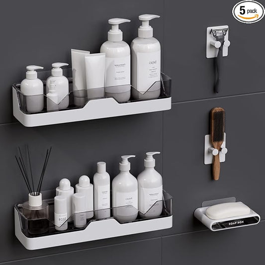 2-Pack Shower Caddy, Adhesive Shower Shelves with Soap Holder and 2 Razor hooks, No Drilling Shower Racks, Used for Bathroom and Kitchen