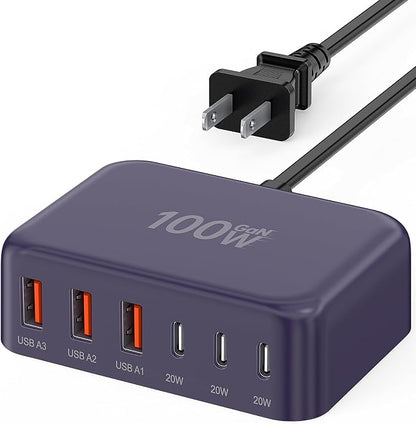 [2026 Updated] USB C Fast Charger, 100W GaN 6 Port Type C Charging Station Hub Block Cube, USB C Wall Charger Power Strip Adapter Plug for iPad iPhone 17 16 15 14 Pro Max Pixel Note Galaxy, 5ft Cord