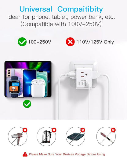 2 Pack Germany France Travel Plug Adapter, Type E/F Power Plug Adapter | 3 Outlets 4 USB Charging Ports(2 USB C), 7-in-1 Travel Essentials US to Europe France Germany South Korea Netherlands Spain