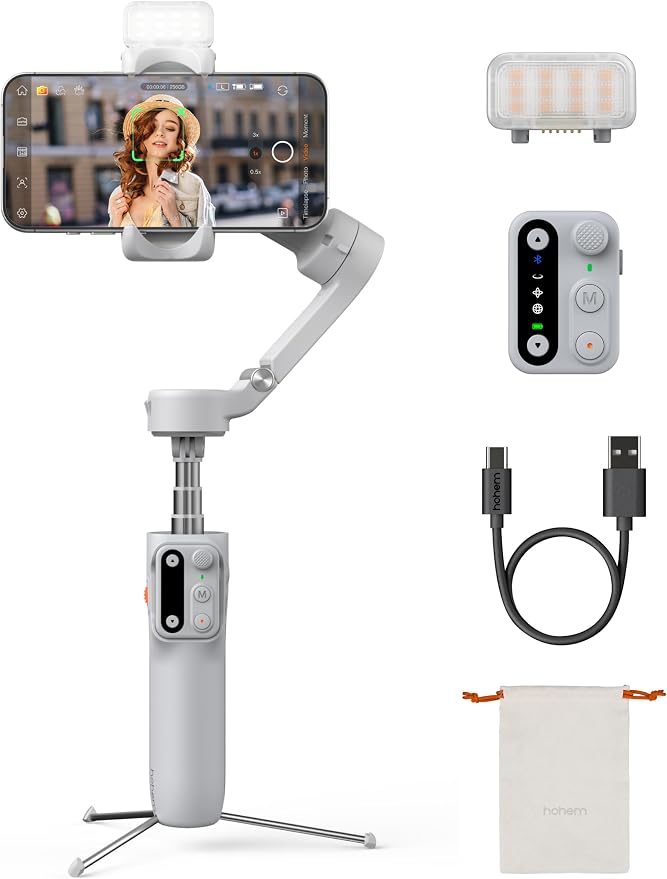 Hohem iSteady X3 Gimbal Stabilizer for iPhone, Foldable Phone Gimbal Object Tracking, Remote Control, 3-Axis Phone Stabilizer Built-in Extendable Rod & Tripod, Fill Light for Video Recording, YouTube