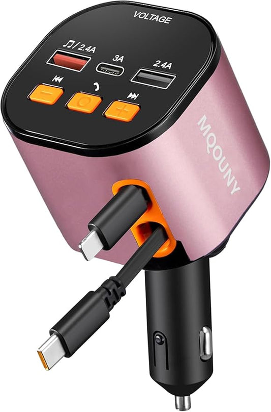 Retractable Car Charger,5 in 1 Fast Car Phone Charger 90W,Bluetooth 5.3 FM Transmitter Adapter,Handsfree Call,2 Retractable Cables and USB Cars Chargers for iPhone 17/16/15/14/13/Galaxy/Pixel