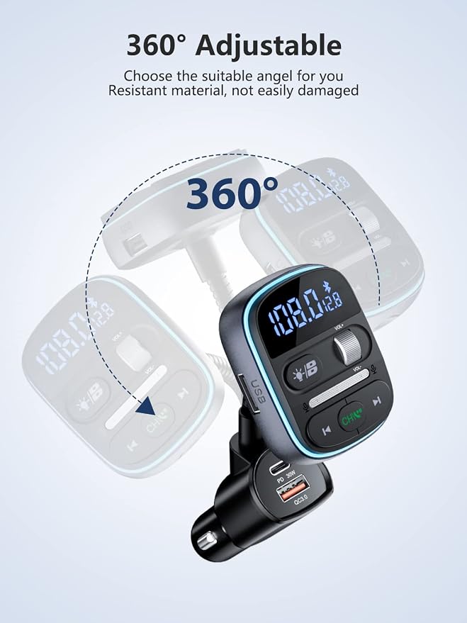 LENCENT Bluetooth FM Transmitter PD 30W, Bluetooth Car Adapter with QC3.0 Fast Charger, Hi-Fi Bass Music, Wireless Radio Receiver Hands-Free Calling, [Color Light]