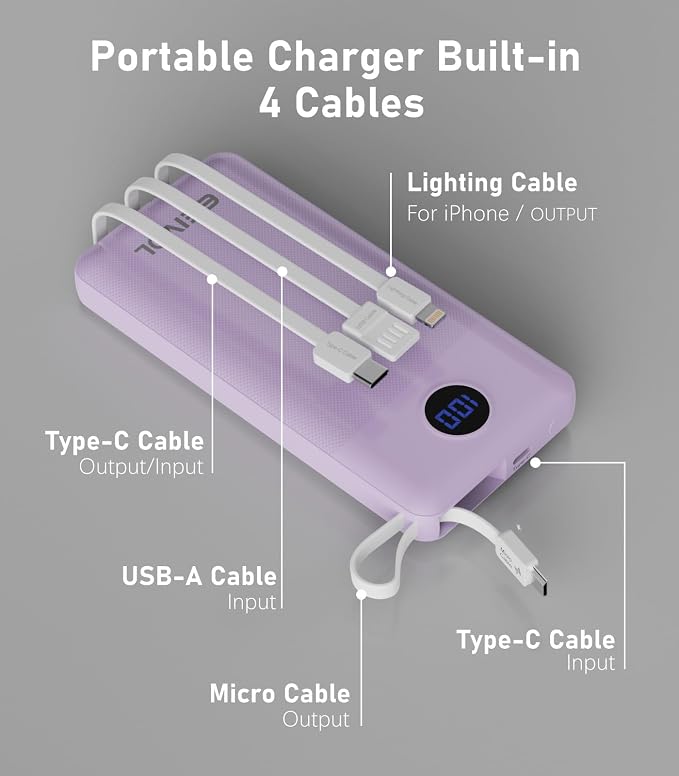 Portable Charger with Built in Cables, Slim 10000mAh Power Bank, USB C Battery Pack Travel, 4 Output 2 Input External Charging Bank for iPhone 17/16/15/14/13,Samsung, Android, etc-Purple(1 Pack)