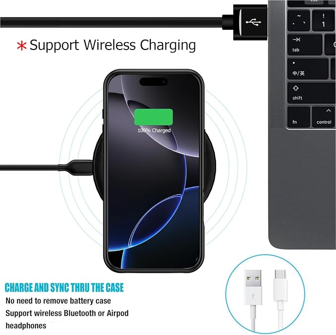 Battery Case for iPhone 16 Pro, Full Encircle 10000mAh High Capacity Rechargeable Portable Charger Case Extended Battery Pack for iPhone 16 Pro (6.3 inch) Wireless Charging Cover with Carplay-Black