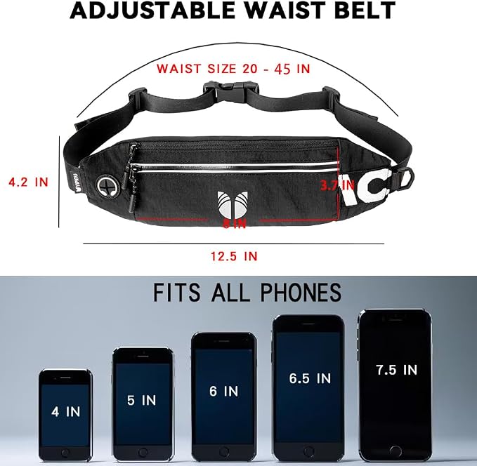 Slim Running Belt Fanny Pack for Women Men, phone holder for running Pouch, Waist belt for Workout, Marathon Jogging Running Gear Accessories [Fits ALL Phones] ﻿ (BLACK)