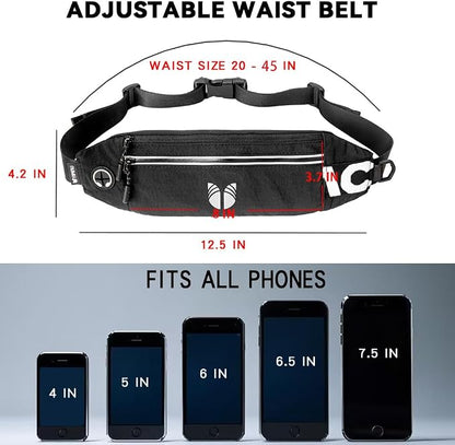 Slim Running Belt Fanny Pack for Women Men, phone holder for running Pouch, Waist belt for Workout, Marathon Jogging Running Gear Accessories [Fits ALL Phones] ﻿ (BLACK)