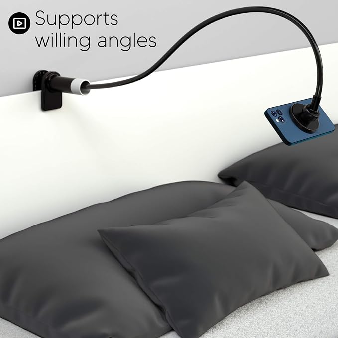 Phone Holder, Magnetic Flexible Long Arm Phone Mount for Desk Bed Bedside Table, Overhead Cell Phone Clip Bracket Clamp Stand for iOS 15 15 Pro 15 Plus