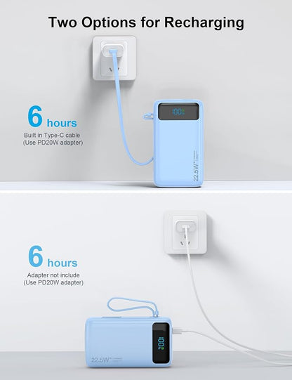 Portable Charger, 27000mAh 22.5W Fast Charging Power Bank with Built-in Cable, USB C Battery Pack with LED Display & Flash Light, Travel Essential External Battery Charger Bank for iPhone Samsung Blue
