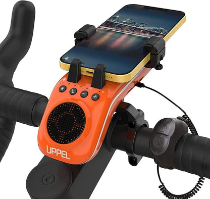 UPPEL Bluetooth Speaker Bicycle, Multifunctional Bike Phone Holder 10-in-1- LED Light - Bike Horn - Microphone - Ideal for Road & Mountain Bike - Extreme & Casual Cycling-Orange