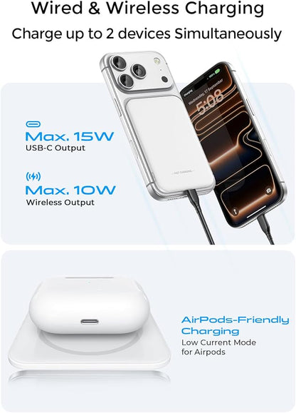 0.4" Ultra Slim Magnetic Portable Charger, 50% Smaller 5000mAh Power Bank with LED Display, Fast Charging Wireless Battery Pack, Travel Essential MagSafe Compatible Charger for iPhone 17/16/15 - White