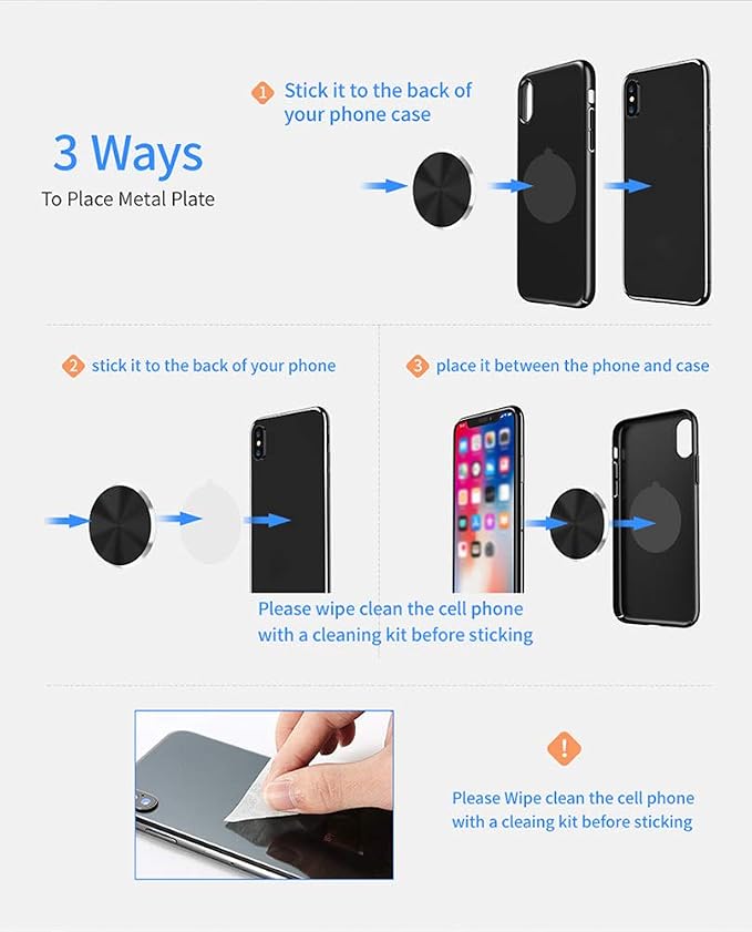 Adhesive Metal Plate Mounting Kits Stickers, Universal Discs Magnet Patch Compatible with Air Vent Magnetic Car/Vehicle Mount Holder (2 Round-Black)