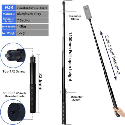 360 Selfie Stick Invisible Selfie Stick Straight Pull 23-120CM for Insta360 X5/X4/X3，for DJI osmo 360 Panoramic Camera，for Gopro