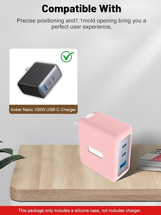 Silicone Protective Case for Anker Nano 100W USB-C Charger, Full-Body Protective Cover with Precise Cutouts, Shockproof Dustproof Charging Block Protector Sleeve & Scratch-Resistant Sleeve (Pink)