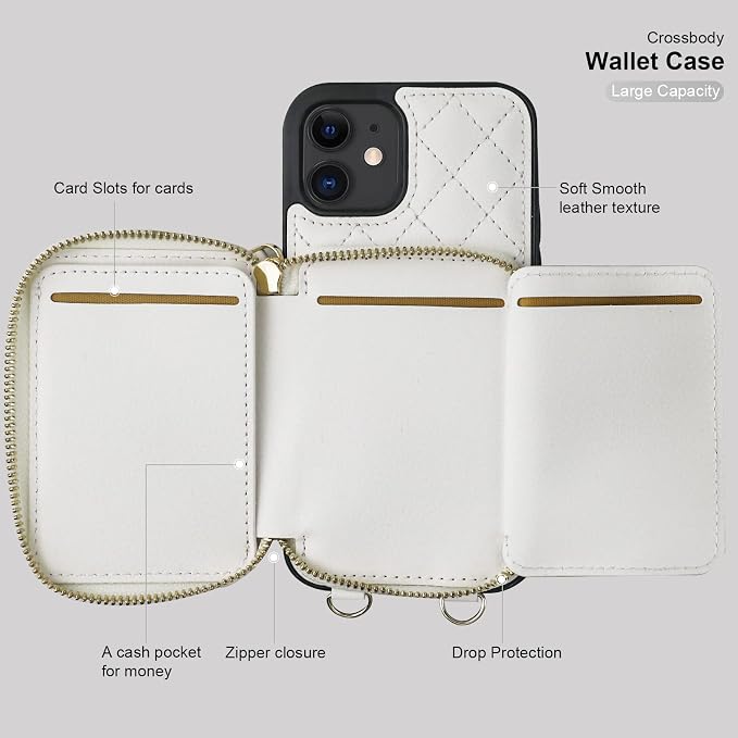 Bocasal Crossbody Wallet Case for iPhone 12/12 Pro, RFID Blocking PU Leather Zipper Handbag Purse Flip Cover, Kickstand Folio Case with Card Slots Holder Wrist Strap Lanyard 5G 6.1 Inch (White)