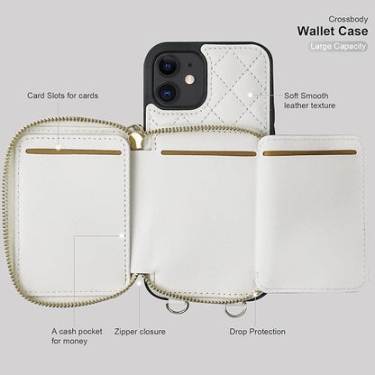Bocasal Crossbody Wallet Case for iPhone 12/12 Pro, RFID Blocking PU Leather Zipper Handbag Purse Flip Cover, Kickstand Folio Case with Card Slots Holder Wrist Strap Lanyard 5G 6.1 Inch (White)