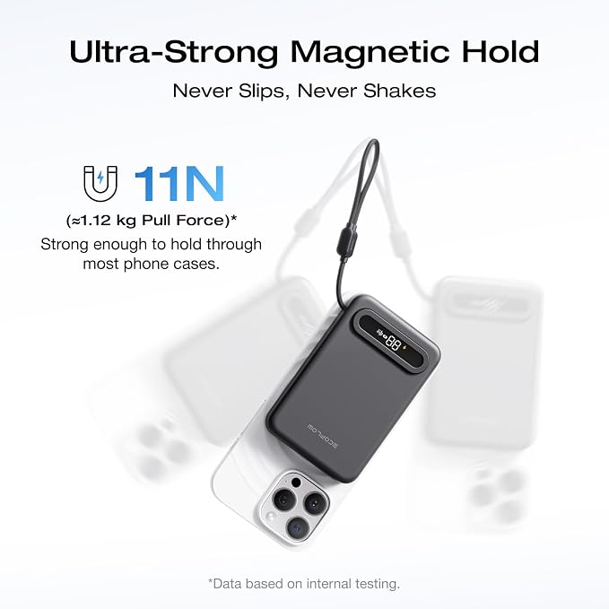 EF ECOFLOW Rapid Mag Power Bank, Qi2.2 25W MagSafe-Compatible Portable Charger, 10,000mAh Magnetic Power Charger with Built-in USB-C Cable and Foldable Stand, for iPhone 17/16/15