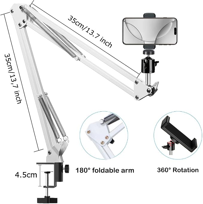 Overhead Tripod Mount for Camera Webcam Ring Light, Over Head Articulating Arm with Phone Holder and Ball Head, Desktop Suspension Scissor Accessory for Live Streaming,Video Recording （White）