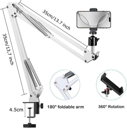 Overhead Tripod Mount for Camera Webcam Ring Light, Over Head Articulating Arm with Phone Holder and Ball Head, Desktop Suspension Scissor Accessory for Live Streaming,Video Recording （White）