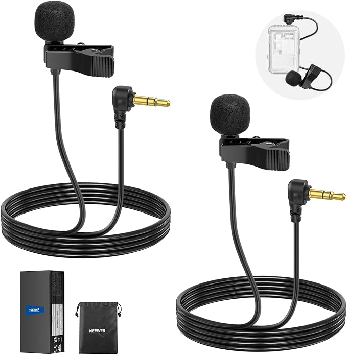 NEEWER Mini Lavalier Microphone (2 Pack), 6.6ft/2m Clip On Wired Condenser Lapel Mic with 3.5mm TRS Plug, Compatible with DJI Mic 2, Rode Wireless Go II, NEEWER CM28 CM31 Camera, LM5
