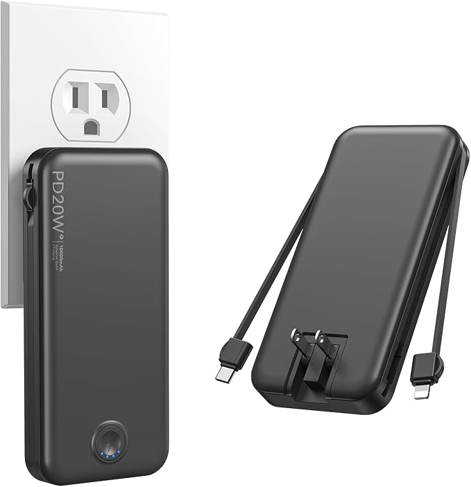Nusyddy Portable Charger 10000mAh PD20W w/Built-in Cables & Wall Plug Black | PD20W Fast Charging, Battery Indicator, Pass Through Charging, TSA Approved, Compact/Slim, Power Bank for iPhone/iPad/Samsung