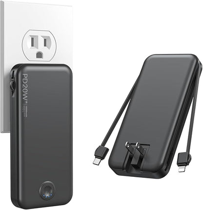 Nusyddy Portable Charger 10000mAh PD20W w/Built-in Cables & Wall Plug Black | PD20W Fast Charging, Battery Indicator, Pass Through Charging, TSA Approved, Compact/Slim, Power Bank for iPhone/iPad/Samsung