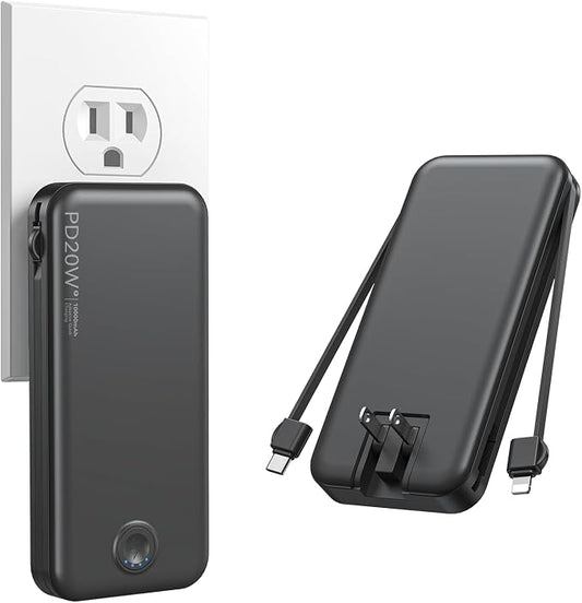 Nusyddy Portable Charger 10000mAh PD20W w/Built-in Cables & Wall Plug Black | PD20W Fast Charging, Battery Indicator, Pass Through Charging, TSA Approved, Compact/Slim, Power Bank for iPhone/iPad/Samsung