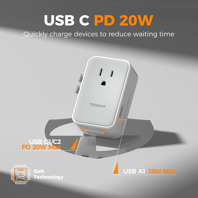 TESSAN Ultra Slim Universal Travel Adapter, International Power Plug | 20W, 2 USB-C 1 USB-A, US to European UK Spain Italy England New Zealand, Type C G A I