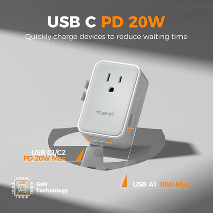 TESSAN Ultra Slim Universal Travel Adapter, International Power Plug | 20W, 2 USB-C 1 USB-A, US to European UK Spain Italy England New Zealand, Type C G A I
