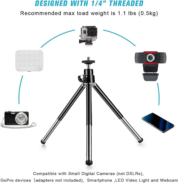 Mini Tripod for Webcam and Phone, Metal Extendable Webcam Stand with Phone Holder, Tripod for Webcam