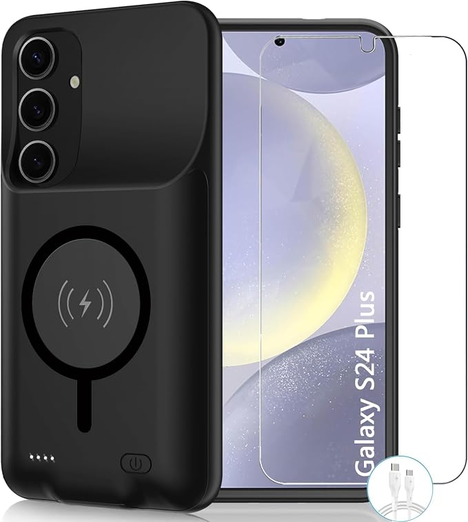 Battery Case for Galaxy S24 Plus,High Capacity 12000mAh Extended Portable Protective Charging Case Backup Compatible with Galaxy S24 Plus Wireless Charger Case with 1x Screen Protector & Cable-Black