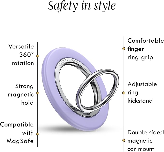 COCOMII Magnetic Phone Ring Holder for MagSafe, 360° Rotation Finger Grip Stand, Matte Lilac