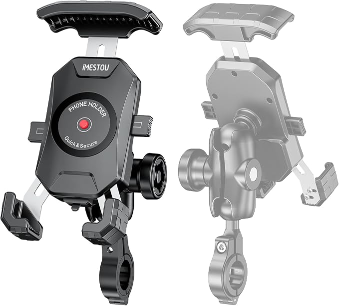 iMESTOU Anti-Theft Motorcycle Phone Mount Bike 1 Ball Phone Holder Handlebar Double Socket Arm Cellphone Holder with Aluminum 1" Ball Base 360 Rotation Universal for 4.0-7.0 Inch Smartphones