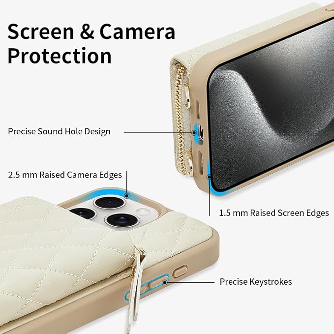 LAMEEKU Compatible with iPhone 14 Pro Wallet Case, Quilted Leather Card Holder with Crossbody Chain, RFID Shockproof, 6.1 Inch - Beige