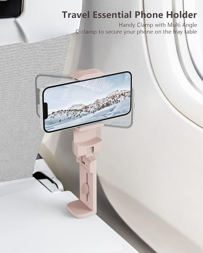 MiiKARE Travel Essentials Airplane Phone Holder, Universal Handsfree Phone Mount for Flying with 360 Degree Rotation, Travel Must Haves Phone Stand for Desk, Tray Table, Pink