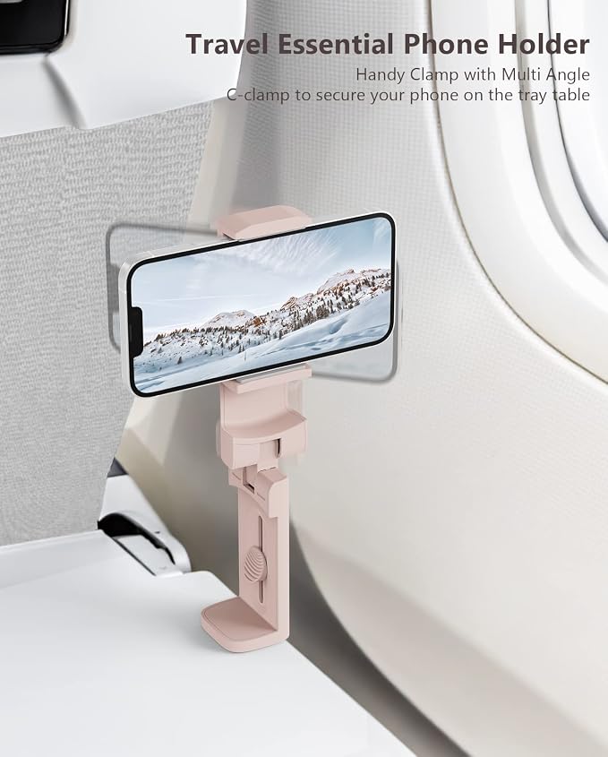 MiiKARE Travel Essentials Airplane Phone Holder, Universal Handsfree Phone Mount for Flying with 360 Degree Rotation, Travel Must Haves Phone Stand for Desk, Tray Table, Purple&Pink