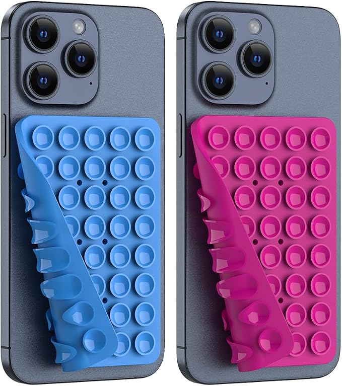Double Sided Silicone Suction Phone Holder Mount, Silicon Accessory for iPhone and Android, Hands-Free Mirror Shower Phone Holder, TikTok Videos and Selfies (Blue+Rose Red)