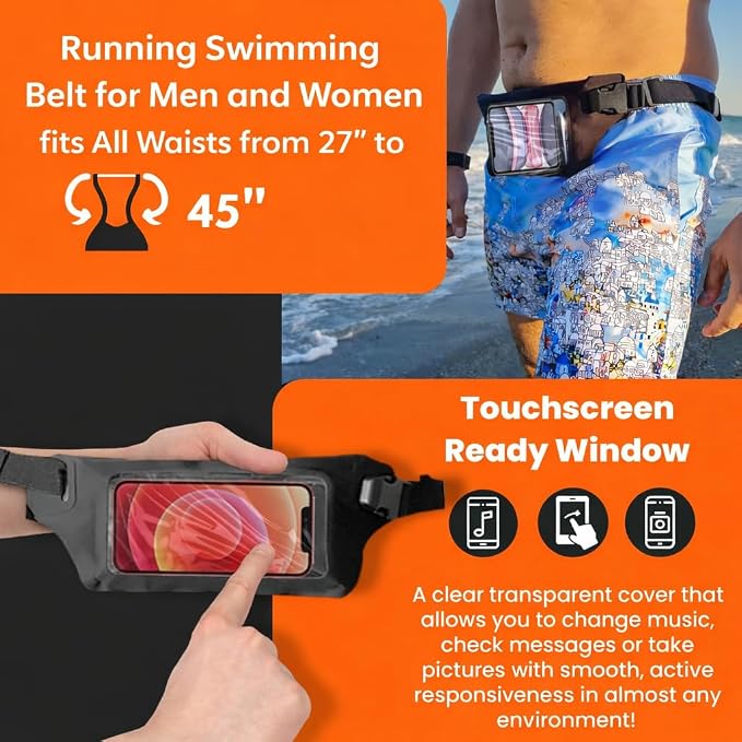 Ultimate Black Waterproof Running & Swimming Belt - Essentials Holder for Gym, Beach, Kayaking, Ski - Fits iPhone, Samsung - Touchscreen IPX8 Dry Waist Bag Pouch - Adventure-Ready Performance