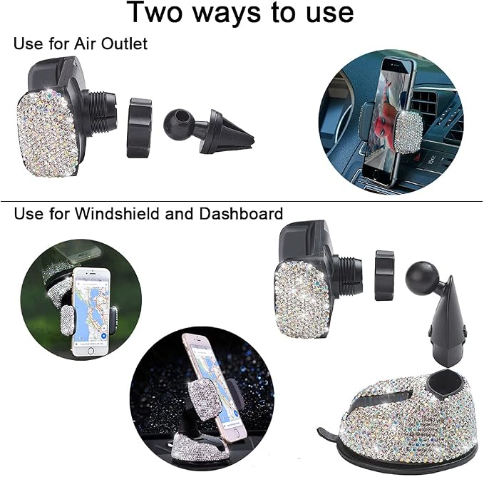 SUNCARACCL Bling Car Phone Holder, 360°Adjustable Universal Rhinestone Crystal Auto Phone Mount Stand Accessories for Windshield Dashboard and Air Outlet (White)