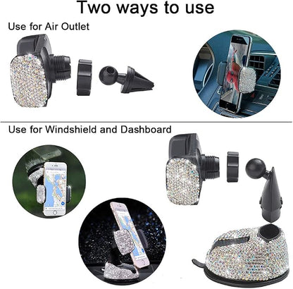 SUNCARACCL Bling Car Phone Holder, 360°Adjustable Universal Rhinestone Crystal Auto Phone Mount Stand Accessories for Windshield Dashboard and Air Outlet (White)