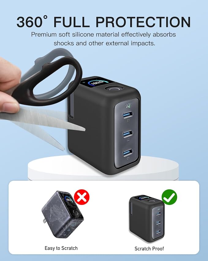 Silicone Case for Anker 160W 3-Port Compact USB C GaN Charger Block,Full-Body Protective Cover for Anker Prime Charger,Precise Port Cutouts (Case Only) Black