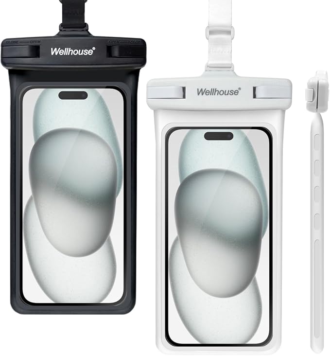 wellhouse Waterproof Phone Pouch, Waterproof Phone Case for iPhone 17 16 15 14 13 Pro Max XS Samsung, IPX8 3D Cellphone Dry Bag Beach Essentials (2 Pack - Black & White7.0, 7 inch)
