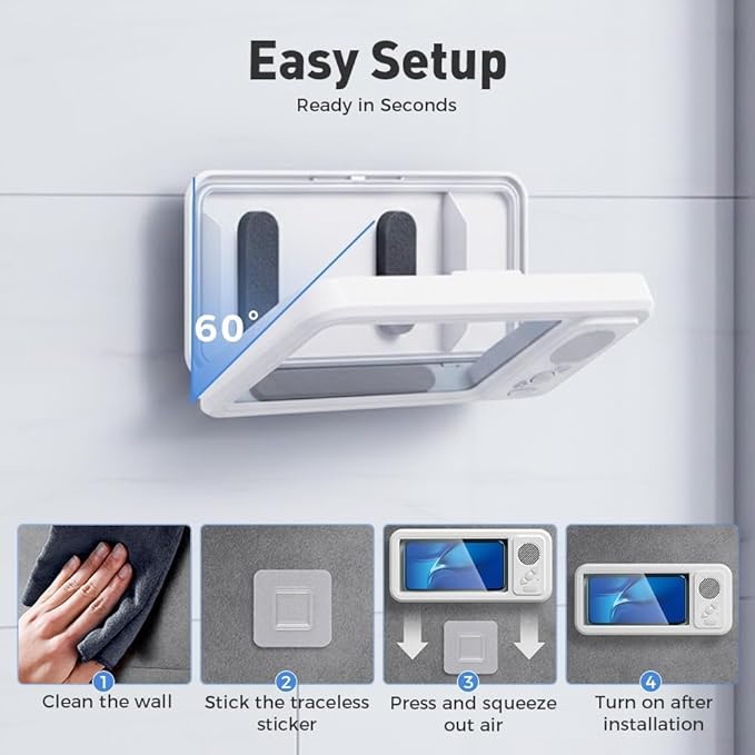 Shower Phone Holder Waterproof with Wireless Bluetooth Speaker, Hands-Free Shower Phone Holder for Any Phone, Wall Mounted Phoneholder for Bathroom Mirror (Black)