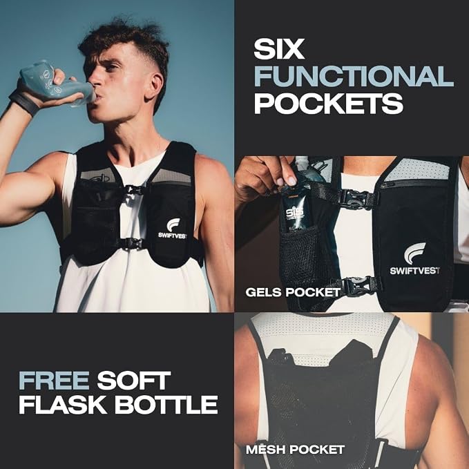 Running Phone Holder Vest with 500ml/17oz Water Bottle | Reflective Hydration Vest | Adjustable | Light | 6 Pockets for Running Accessories | Unisex