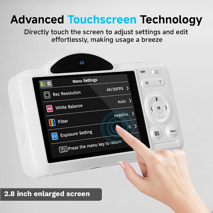 Digital Camera, 4K WiFi 75MP Dual Camera Point and Shoot Camera with Touchscreen and 16X Zoom, Autofocus Vlogging Cameras for YouTube and Travel, with 32GB Card for Kids, Teens, Beginners (White)