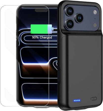 Battery Case for iPhone 17 Pro, Ultra-Slim 7000mAh Portable Extended Charging Charger Case, Rechargeable Battery Pack with Tempered Glass Screen Protector Glass Film for iPhone 17 Pro (6.3 inch)-Black