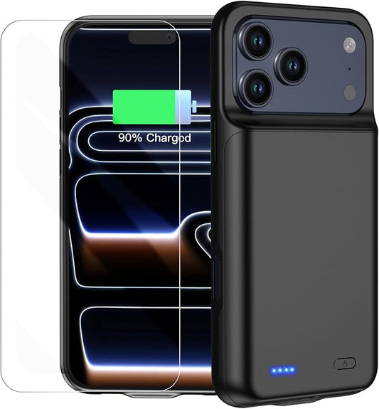Battery Case for iPhone 17 Pro, Ultra-Slim 7000mAh Portable Extended Charging Charger Case, Rechargeable Battery Pack with Tempered Glass Screen Protector Glass Film for iPhone 17 Pro (6.3 inch)-Black