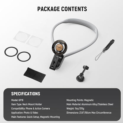 Neewer Magnetic Neck Holder for Action Camera Phone Hands Free Neck Tripod Chest Mount Compatible with GoPro DJI Insta360 iPhone15 Android Neck Phone Holder for POV Vlog, Gray, GP16