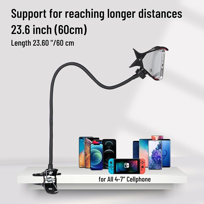 Selfdee Gooseneck Phone Holder for Bed, 360-degree Rotating Adjustable Clip Bracket Clamp Stand for Desk Bedside & Headboard Clamp,Long Arm Mobile Cell Phone Stand Lazy Bracket, for All 4-7” Devices