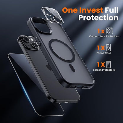 3 in 1 for iPhone 14 Case with MagSafe, Screen Protector*1 Camera Lens Protector*1,Matte Skin Feeling Back Cover Military-Grade Protection for iPhone 14 Phone Case 6.1 inch Matte Black